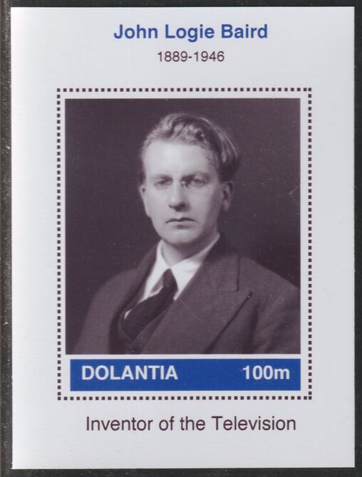 Dolantia (Fantasy) John Logie Baird imperf deluxe sheetlet on glossy card (75 x 103 mm) unmounted mint, stamps on personalities, stamps on science, stamps on technology, stamps on baird, stamps on  tv , stamps on 