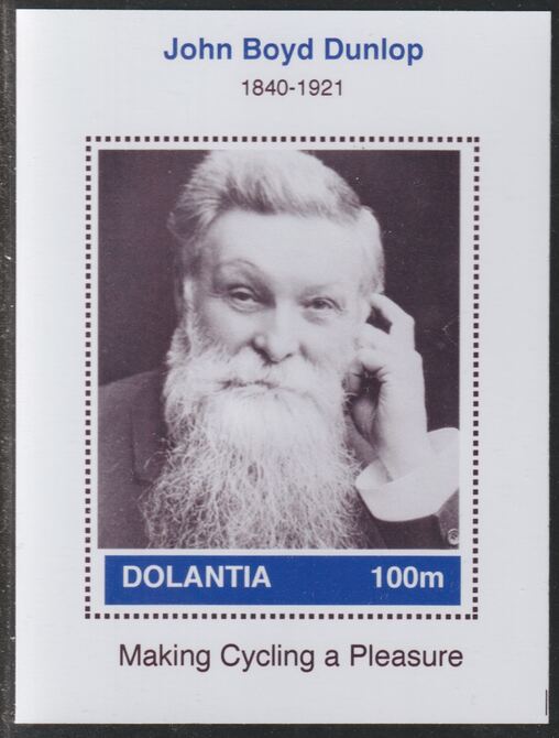 Dolantia (Fantasy) John Boyd Dunlop imperf deluxe sheetlet on glossy card (75 x 103 mm) unmounted mint, stamps on , stamps on  stamps on personalities, stamps on  stamps on science, stamps on  stamps on technology, stamps on  stamps on dunlop