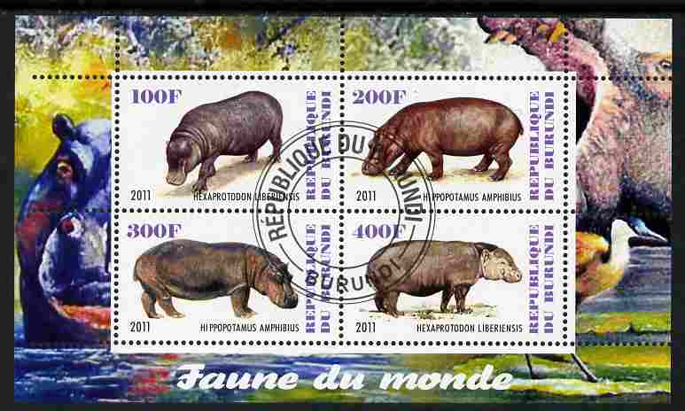 Burundi 2011 Fauna of the World - Hippos perf sheetlet containing 4 values fine cto used, stamps on animals, stamps on hippos