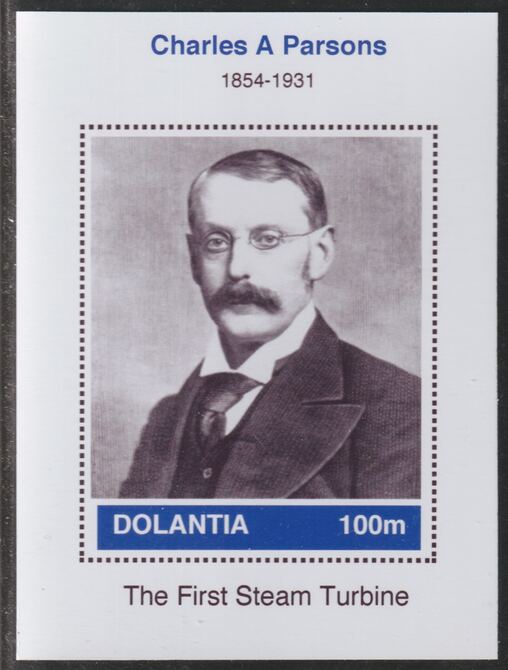 Dolantia (Fantasy) Charles A Parsons imperf deluxe sheetlet on glossy card (75 x 103 mm) unmounted mint, stamps on personalities, stamps on science, stamps on technology, stamps on parsons, stamps on turbines