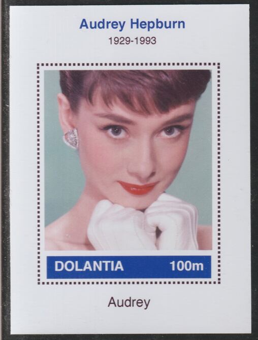 Dolantia (Fantasy) Audrey Hepburn imperf deluxe sheetlet on glossy card (75 x 103 mm) unmounted mint, stamps on personalities, stamps on films, stamps on movies, stamps on cinema, stamps on hepburn