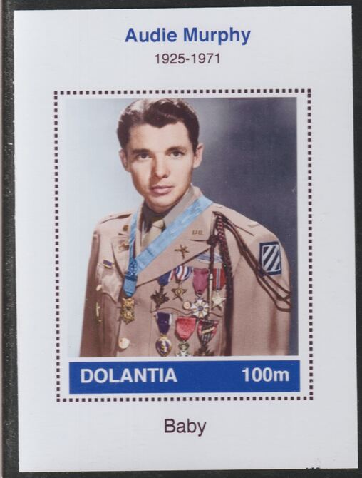 Dolantia (Fantasy) Audie Murphy imperf deluxe sheetlet on glossy card (75 x 103 mm) unmounted mint, stamps on personalities, stamps on films, stamps on movies, stamps on cinema, stamps on murphy, stamps on  ww2 .