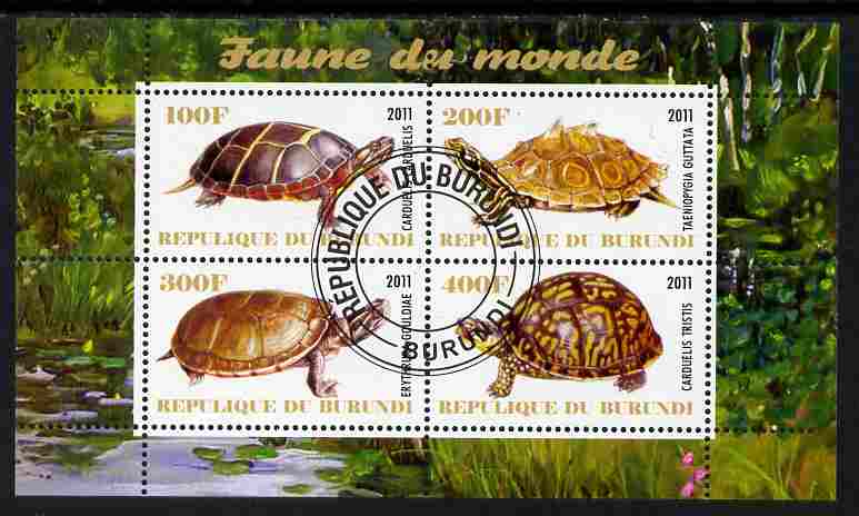 Burundi 2011 Fauna of the World - Turtles perf sheetlet containing 4 values fine cto used, stamps on animals, stamps on turtles