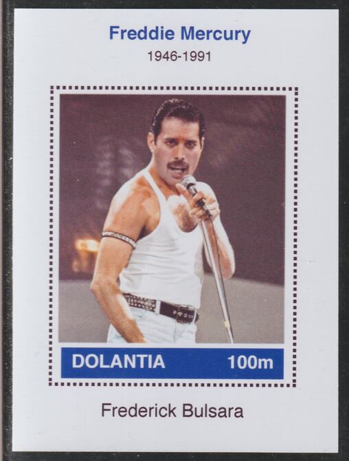 Dolantia (Fantasy) Freddie Mercury imperf deluxe sheetlet on glossy card (75 x 103 mm) unmounted mint, stamps on , stamps on  stamps on personalities, stamps on  stamps on music, stamps on  stamps on rock, stamps on  stamps on pops, stamps on  stamps on mercury, stamps on  stamps on queen