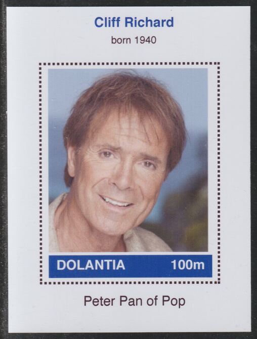 Dolantia (Fantasy) Cliff Richard imperf deluxe sheetlet on glossy card (75 x 103 mm) unmounted mint, stamps on , stamps on  stamps on personalities, stamps on  stamps on music, stamps on  stamps on rock, stamps on  stamps on pops, stamps on  stamps on richard