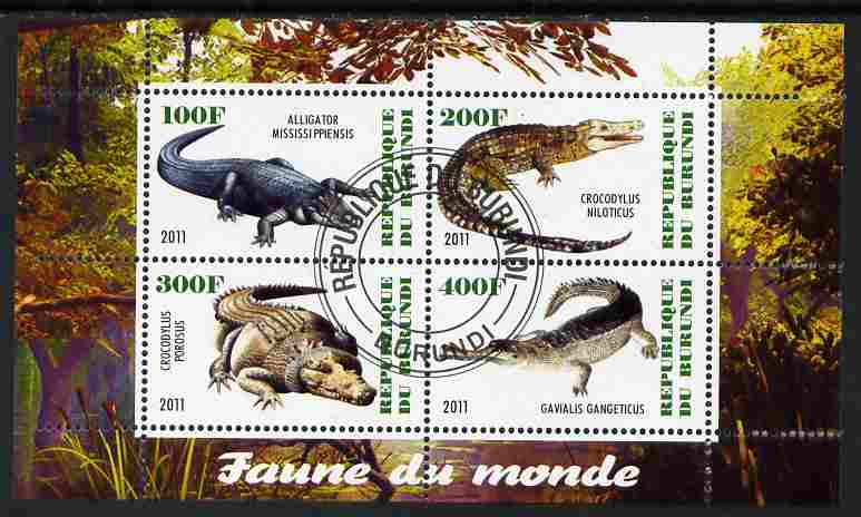 Burundi 2011 Fauna of the World - Crocodles perf sheetlet containing 4 values fine cto used, stamps on animals, stamps on reptiles, stamps on crocodiles