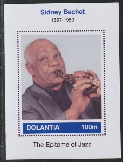 Dolantia (Fantasy) Sidney Bechet imperf deluxe sheetlet on glossy card (75 x 103 mm) unmounted mint, stamps on personalities, stamps on music, stamps on jazz, stamps on bechet