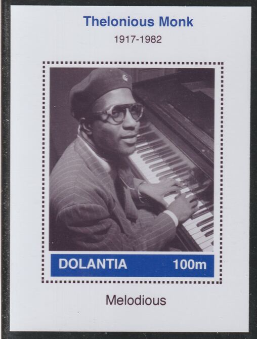 Dolantia (Fantasy) Thelonious Monk imperf deluxe sheetlet on glossy card (75 x 103 mm) unmounted mint, stamps on , stamps on  stamps on personalities, stamps on  stamps on music, stamps on  stamps on jazz, stamps on  stamps on monk