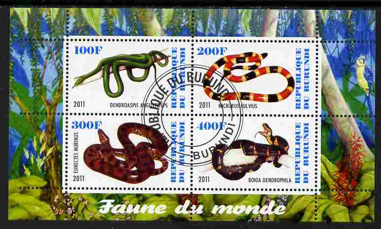 Burundi 2011 Fauna of the World - Reptiles - Snakes #3 perf sheetlet containing 4 values fine cto used, stamps on , stamps on  stamps on animals, stamps on  stamps on reptiles, stamps on  stamps on snakes