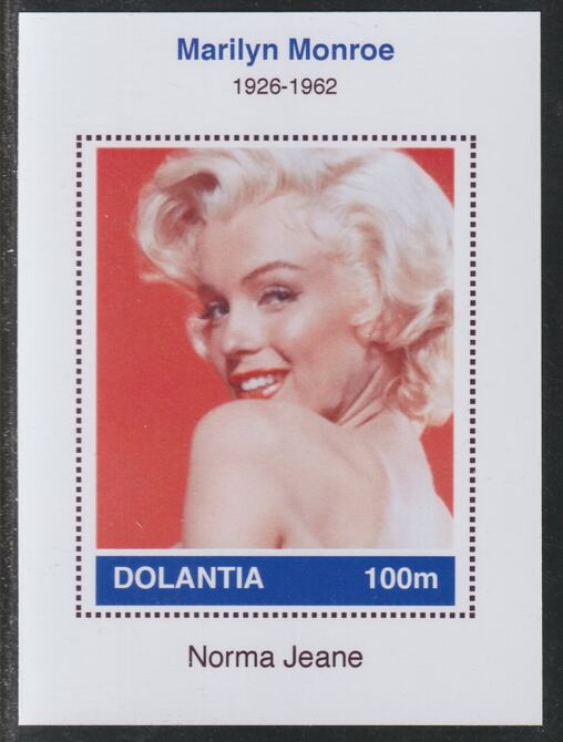Dolantia (Fantasy) Marilyn Monroe imperf deluxe sheetlet on glossy card (75 x 103 mm) unmounted mint, stamps on personalities, stamps on films, stamps on movies, stamps on cinema, stamps on monroe, stamps on pin ups, stamps on 
