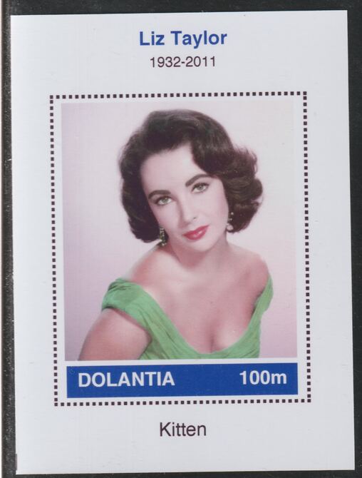 Dolantia (Fantasy) Liz Taylor imperf deluxe sheetlet on glossy card (75 x 103 mm) unmounted mint, stamps on , stamps on  stamps on personalities, stamps on  stamps on films, stamps on  stamps on movies, stamps on  stamps on cinema, stamps on  stamps on taylor