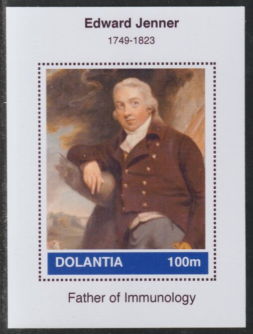 Dolantia (Fantasy) Edward Jenner imperf deluxe sheetlet on glossy card (75 x 103 mm) unmounted mint, stamps on , stamps on  stamps on personalities, stamps on  stamps on science, stamps on  stamps on technology, stamps on  stamps on medical, stamps on  stamps on jenner