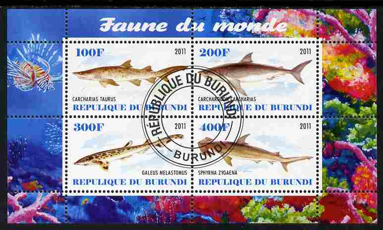Burundi 2011 Fauna of the World - Sharks #2 perf sheetlet containing 4 values fine cto used, stamps on animals, stamps on fish, stamps on sharks