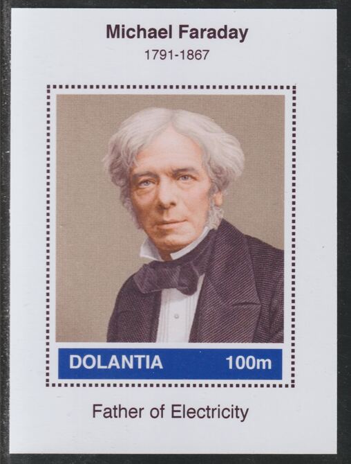 Dolantia (Fantasy) Michael Faraday imperf deluxe sheetlet on glossy card (75 x 103 mm) unmounted mint, stamps on personalities, stamps on science, stamps on technology, stamps on faraday, stamps on electricity