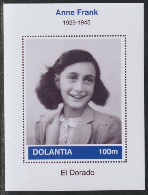 Dolantia (Fantasy) Anne Frank imperf deluxe sheetlet on glossy card (75 x 103 mm) unmounted mint, stamps on personalities, stamps on  ww2 , stamps on frank, stamps on holocaust