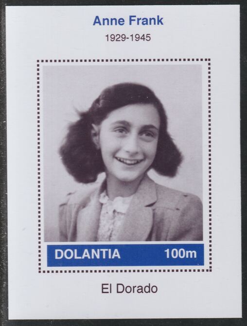 Dolantia (Fantasy) Anne Frank imperf deluxe sheetlet on glossy card (75 x 103 mm) unmounted mint, stamps on , stamps on  stamps on personalities, stamps on  stamps on  ww2 , stamps on  stamps on frank, stamps on  stamps on holocaust