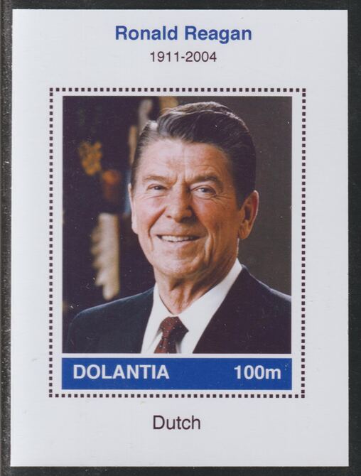 Dolantia (Fantasy) Ronald Reagan imperf deluxe sheetlet on glossy card (75 x 103 mm) unmounted mint, stamps on , stamps on  stamps on personalities, stamps on  stamps on constitutions, stamps on  stamps on us presidents, stamps on  stamps on reagan