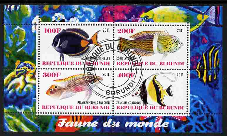 Burundi 2011 Fauna of the World - Fish #3 perf sheetlet containing 4 values fine cto used, stamps on , stamps on  stamps on animals, stamps on  stamps on fish, stamps on  stamps on sharks