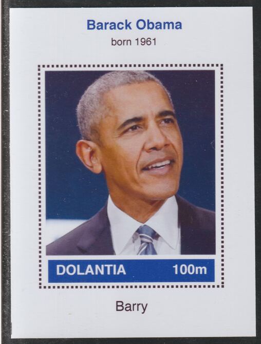 Dolantia (Fantasy) Barack Obama imperf deluxe sheetlet on glossy card (75 x 103 mm) unmounted mint, stamps on , stamps on  stamps on personalities, stamps on  stamps on constitutions, stamps on  stamps on us presidents, stamps on  stamps on obama