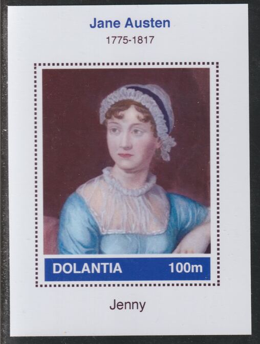 Dolantia (Fantasy) Jane Austen imperf deluxe sheetlet on glossy card (75 x 103 mm) unmounted mint, stamps on , stamps on  stamps on personalities, stamps on  stamps on literature, stamps on  stamps on austen