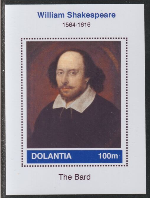 Dolantia (Fantasy) William Shakespeare imperf deluxe sheetlet on glossy card (75 x 103 mm) unmounted mint, stamps on personalities, stamps on literature, stamps on shakespeare