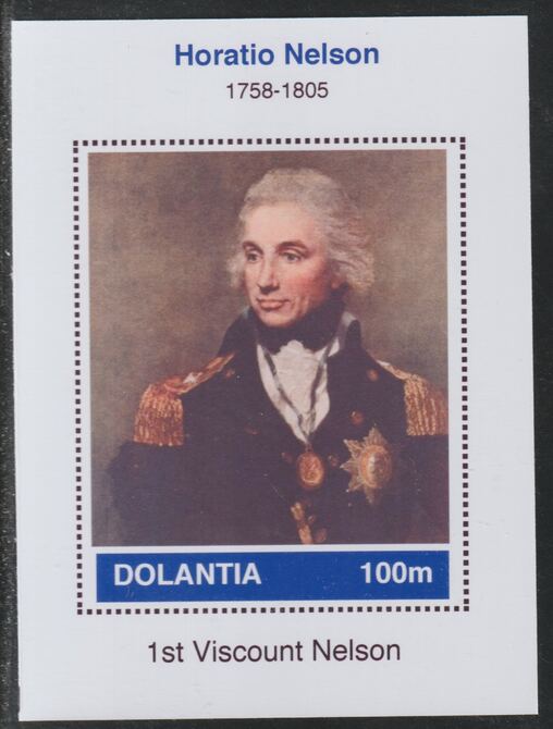 Dolantia (Fantasy) Horatio Nelson imperf deluxe sheetlet on glossy card (75 x 103 mm) unmounted mint, stamps on personalities, stamps on naval, stamps on militaria, stamps on nelson
