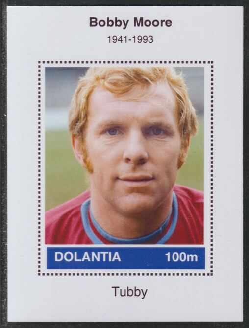 Dolantia (Fantasy) Bobby Moore imperf deluxe sheetlet on glossy card (75 x 103 mm) unmounted mint, stamps on personalities, stamps on sport, stamps on football, stamps on moore