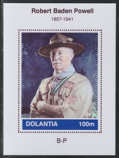 Dolantia (Fantasy) Baden Powell imperf deluxe sheetlet on glossy card (75 x 103 mm) unmounted mint, stamps on , stamps on  stamps on personalities, stamps on  stamps on scouts, stamps on  stamps on baden powell