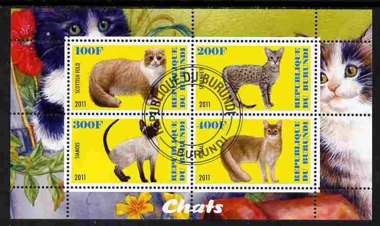 Burundi 2011 Domestic Cats #2 - yellow background perf sheetlet containing 4 values fine cto used, stamps on , stamps on  stamps on animals, stamps on  stamps on cats