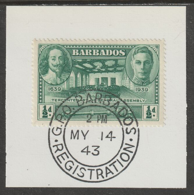Barbados 1939 KG6 Tercentenary 1/2d green on piece with full strike of Madame Joseph forged postmark type 47, stamps on , stamps on  stamps on , stamps on  stamps on  kg5 , stamps on  stamps on forgery, stamps on  stamps on madame joseph