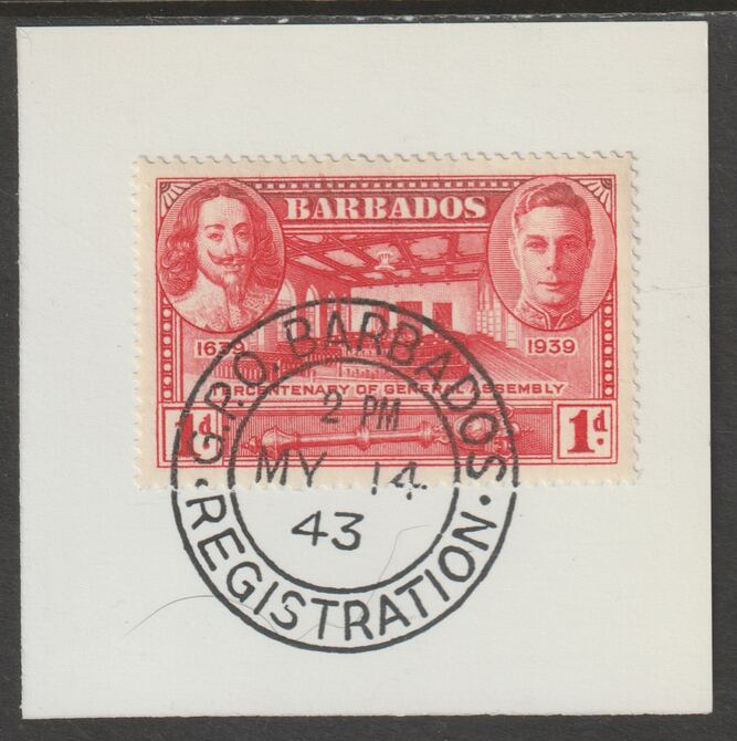 Barbados 1939 KG6 Tercentenary 1d scarlet on piece with full strike of Madame Joseph forged postmark type 47, stamps on , stamps on  stamps on , stamps on  stamps on  kg5 , stamps on  stamps on forgery, stamps on  stamps on madame joseph