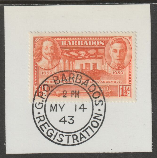 Barbados 1939 KG6 Tercentenary 1.5d orange on piece with full strike of Madame Joseph forged postmark type 47, stamps on , stamps on  stamps on , stamps on  stamps on  kg5 , stamps on  stamps on forgery, stamps on  stamps on madame joseph