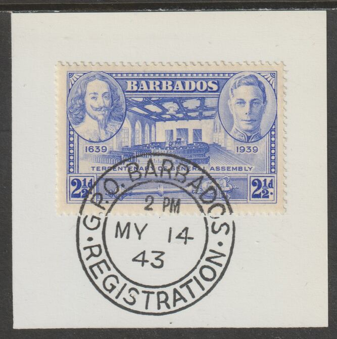 Barbados 1939 KG6 Tercentenary 2.5d ultramarine on piece with full strike of Madame Joseph forged postmark type 47, stamps on , stamps on  kg6 , stamps on forgery, stamps on madame joseph