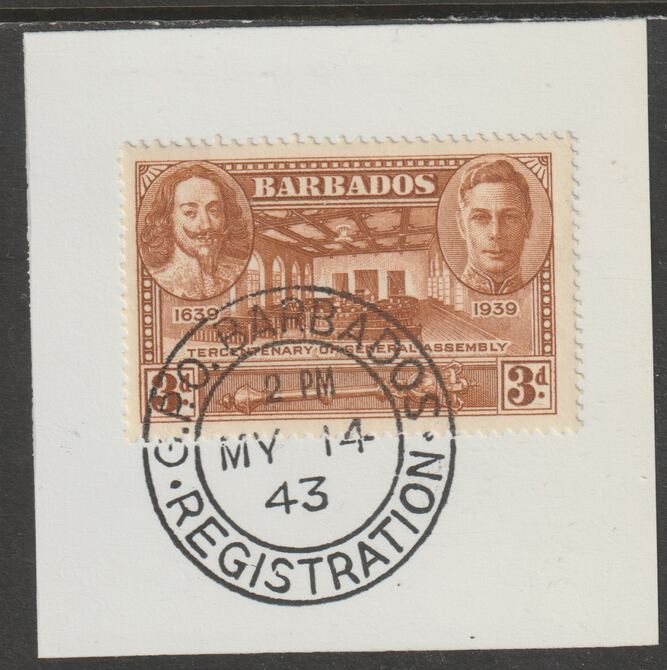 Barbados 1939 KG6 Tercentenary 3d brown on piece with full strike of Madame Joseph forged postmark type 47, stamps on , stamps on  stamps on , stamps on  stamps on  kg5 , stamps on  stamps on forgery, stamps on  stamps on madame joseph