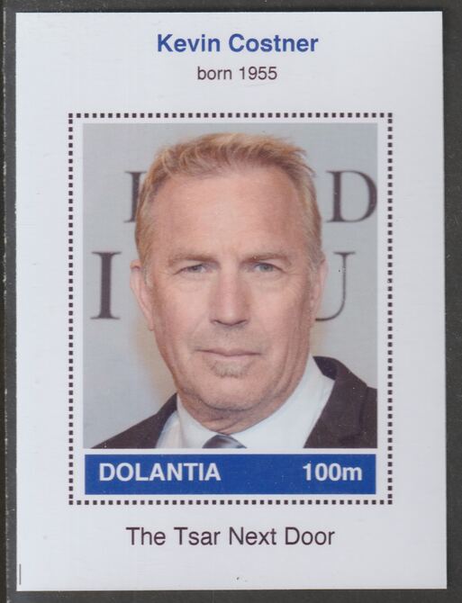 Dolantia (Fantasy) Kevin Costner imperf deluxe sheetlet on glossy card (75 x 103 mm) unmounted mint, stamps on , stamps on  stamps on personalities, stamps on  stamps on films, stamps on  stamps on cinema, stamps on  stamps on movies, stamps on  stamps on  