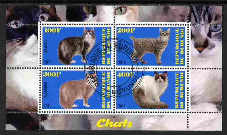 Burundi 2011 Domestic Cats #3 - blue background perf sheetlet containing 4 values fine cto used, stamps on animals, stamps on cats