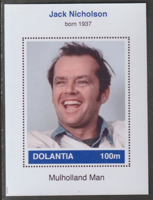 Dolantia (Fantasy) Jack Nicholson imperf deluxe sheetlet on glossy card (75 x 103 mm) unmounted mint, stamps on , stamps on  stamps on personalities, stamps on  stamps on films, stamps on  stamps on cinema, stamps on  stamps on movies, stamps on  stamps on  