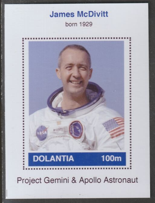 Dolantia (Fantasy) James McDivitt imperf deluxe sheetlet on glossy card (75 x 103 mm) unmounted mint, stamps on , stamps on  stamps on personalities, stamps on  stamps on space, stamps on  stamps on astronauts