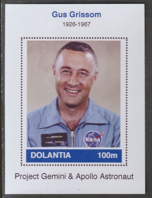 Dolantia (Fantasy) Gus Grissom imperf deluxe sheetlet on glossy card (75 x 103 mm) unmounted mint, stamps on personalities, stamps on space, stamps on astronauts