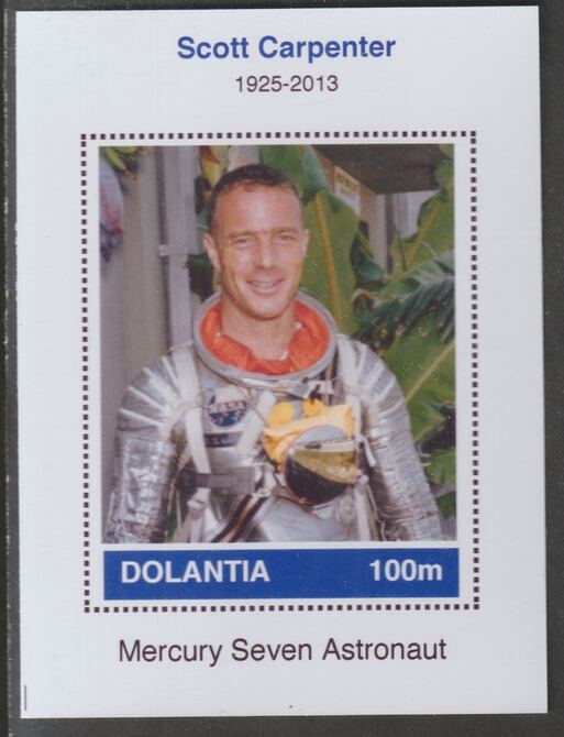 Dolantia (Fantasy) Scott Carpenter imperf deluxe sheetlet on glossy card (75 x 103 mm) unmounted mint, stamps on , stamps on  stamps on personalities, stamps on  stamps on space, stamps on  stamps on astronauts