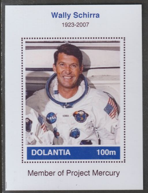 Dolantia (Fantasy) Wally Schirra imperf deluxe sheetlet on glossy card (75 x 103 mm) unmounted mint, stamps on , stamps on  stamps on personalities, stamps on  stamps on space, stamps on  stamps on astronauts