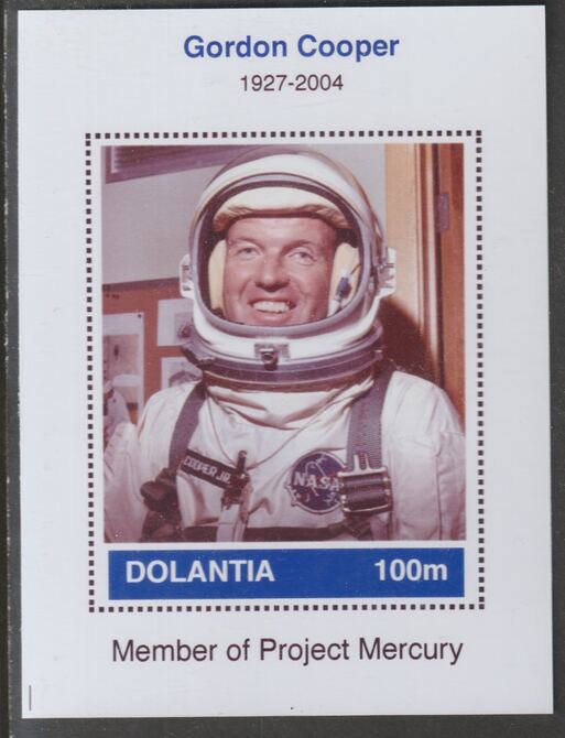 Dolantia (Fantasy) Gordon Cooper imperf deluxe sheetlet on glossy card (75 x 103 mm) unmounted mint, stamps on personalities, stamps on space, stamps on astronauts