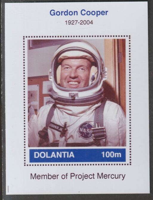 Dolantia (Fantasy) Gordon Cooper imperf deluxe sheetlet on glossy card (75 x 103 mm) unmounted mint, stamps on , stamps on  stamps on personalities, stamps on  stamps on space, stamps on  stamps on astronauts