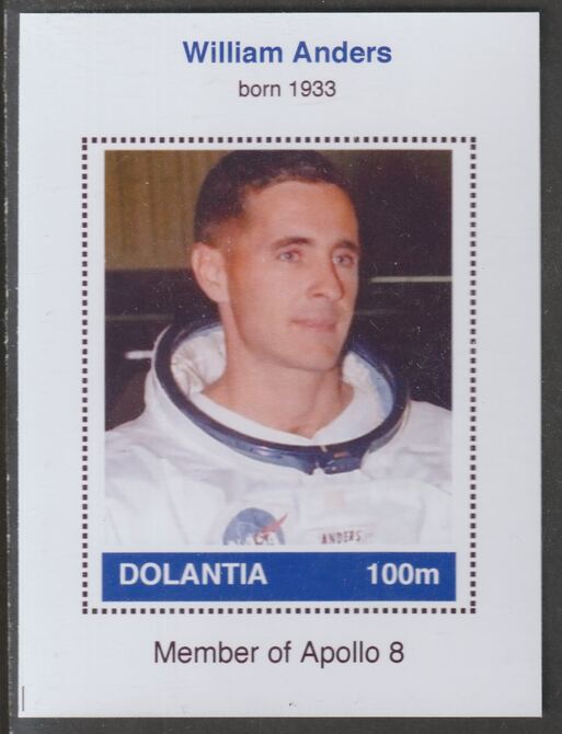 Dolantia (Fantasy) William Anders imperf deluxe sheetlet on glossy card (75 x 103 mm) unmounted mint, stamps on , stamps on  stamps on personalities, stamps on  stamps on space, stamps on  stamps on astronauts