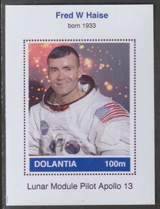 Dolantia (Fantasy) Fred W Haise imperf deluxe sheetlet on glossy card (75 x 103 mm) unmounted mint, stamps on , stamps on  stamps on personalities, stamps on  stamps on space, stamps on  stamps on astronauts