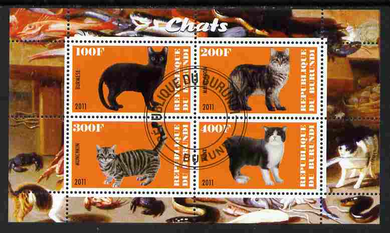 Burundi 2011 Domestic Cats #4 - orange background perf sheetlet containing 4 values fine cto used, stamps on animals, stamps on cats