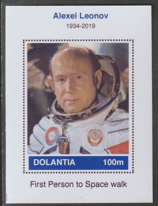 Dolantia (Fantasy) Alexei Leonov imperf deluxe sheetlet on glossy card (75 x 103 mm) unmounted mint, stamps on , stamps on  stamps on personalities, stamps on  stamps on space, stamps on  stamps on astronauts