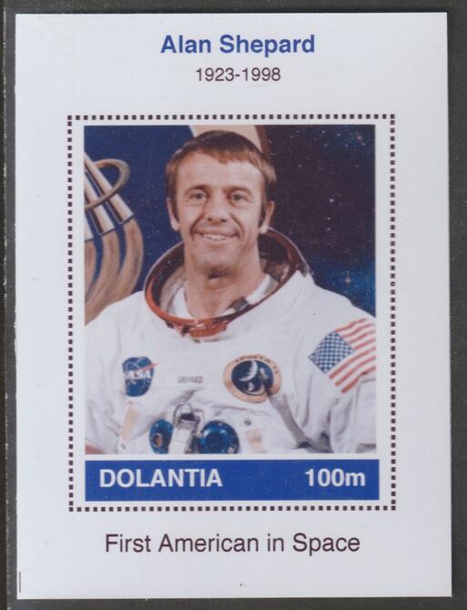 Dolantia (Fantasy) Alan Shepard imperf deluxe sheetlet on glossy card (75 x 103 mm) unmounted mint, stamps on personalities, stamps on space, stamps on astronauts