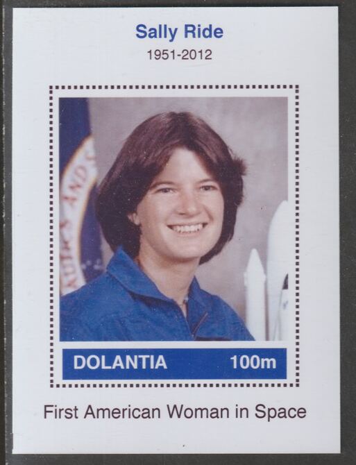 Dolantia (Fantasy) Sally Ride imperf deluxe sheetlet on glossy card (75 x 103 mm) unmounted mint, stamps on , stamps on  stamps on personalities, stamps on  stamps on space, stamps on  stamps on astronauts