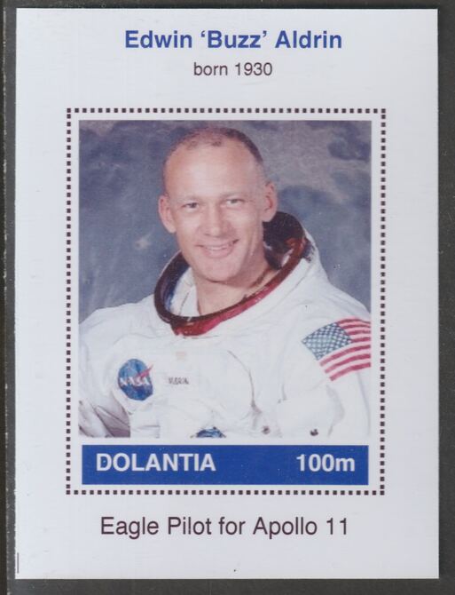 Dolantia (Fantasy) Edwin 'Buzz' Aldrin imperf deluxe sheetlet on glossy card (75 x 103 mm) unmounted mint, stamps on personalities, stamps on space, stamps on astronauts